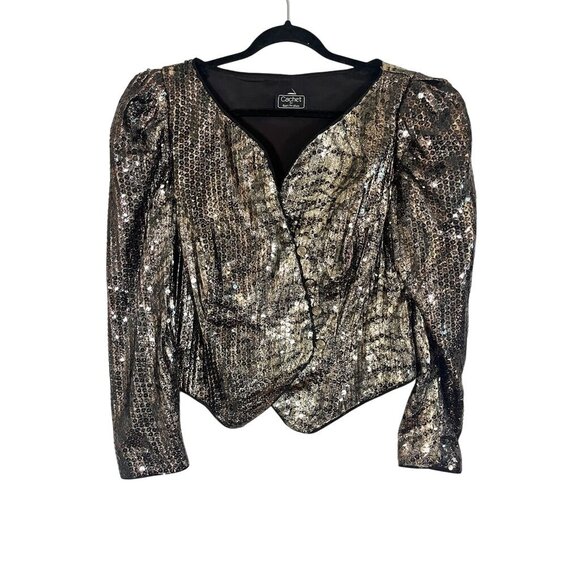 Retro Sequin Mesh Crop Jacket 11 Brown Metallic Moto Shimmer Glam Chic Classic - Picture 1 of 12